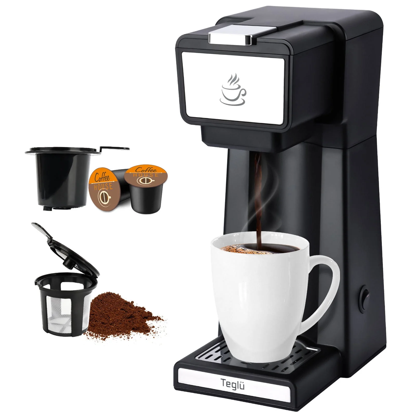 Slim Single Serve Coffee Maker 2 in 1 for K Cup Pod & Ground Coffee, Mini K Cup Coffee Machine 14 Oz