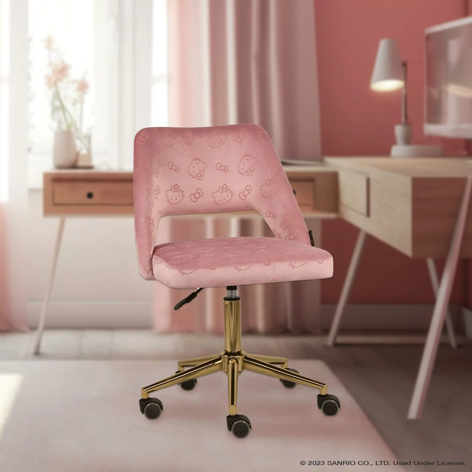 Impressions Vanity Hello Kitty Velvet Swivel Vanity Chair with Back, Ergonomic Backrest Cute Desk Chair with Wheels
