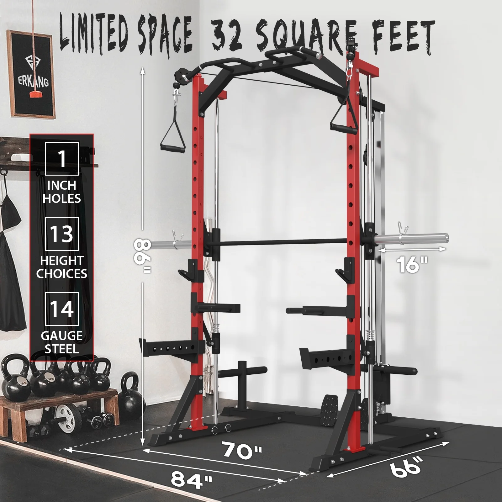 Mikolo Smith Machine Home Gym, Multi-Functional Squat Rack with Cable Crossover System, Workout station with Weight Bar, Dip Bars