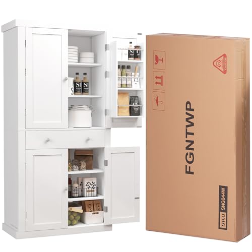 72” Pantry Cabinet, Kitchen Pantry Cabinet with 6 Doors Shelves & 1 Drawer, Kitchen Cabinets with 4 Door for Dinging Room, Living Room, White