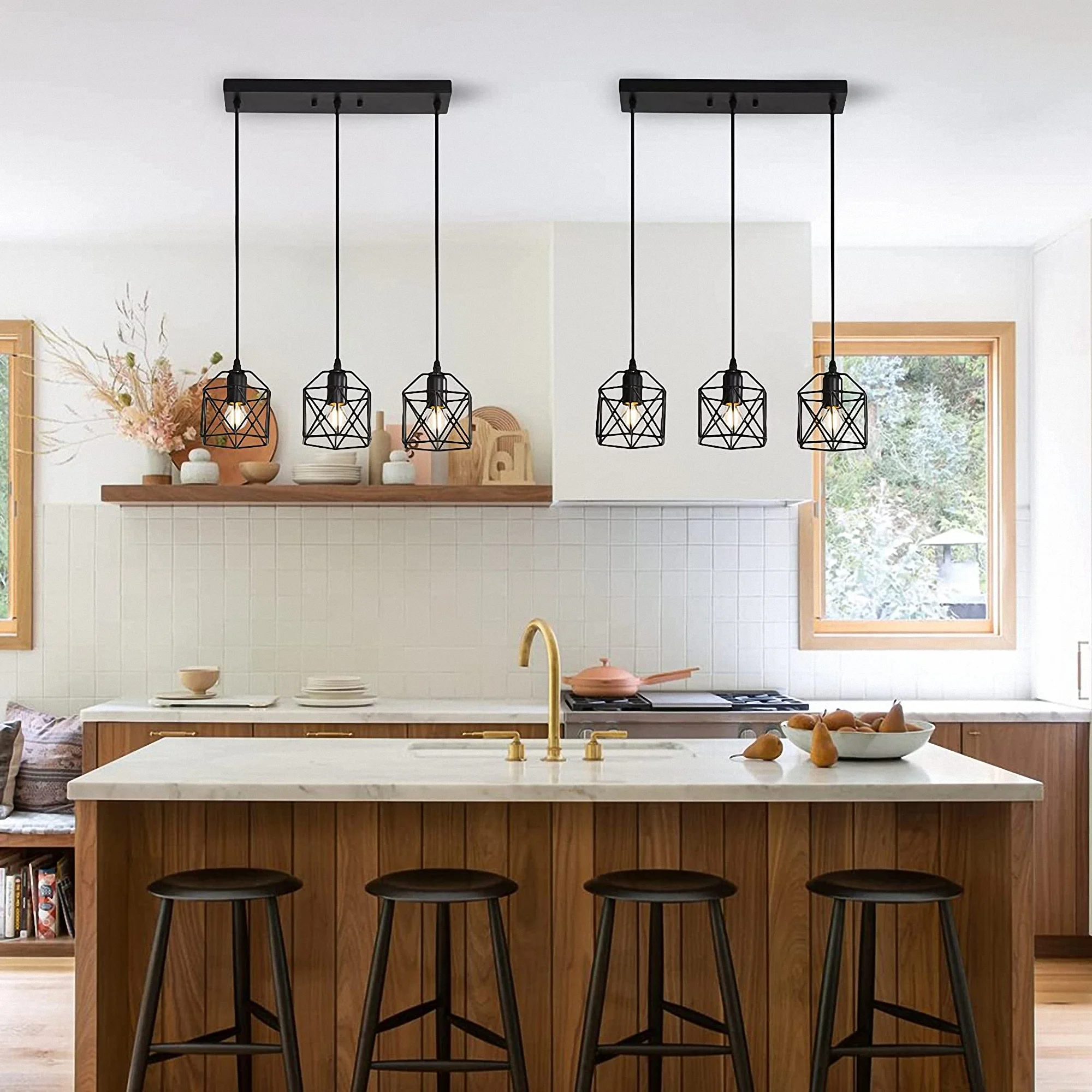LOHAS 3 Lights Pendant Lighting,Black Finish Cage Vintage Hanging Pendant,for Dinning Room Kitchen Bar Cafe