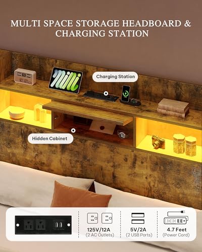 YITAHOME Queen Bed Frame with Bookcase Headboard and 4 Storage Drawers, RGB LED Bed Frame with Type-C & USB Charging Station Storage Headboard Bed