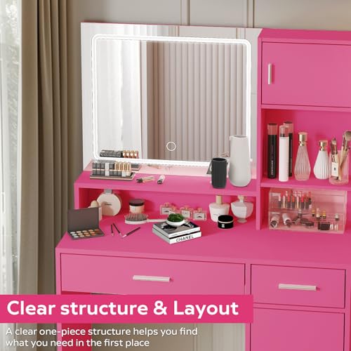 Vanity Desk with Mirror and Light, Large Drawer and Three Level Storage Dresser, 3 Lighting Modes Adjustable Brightness