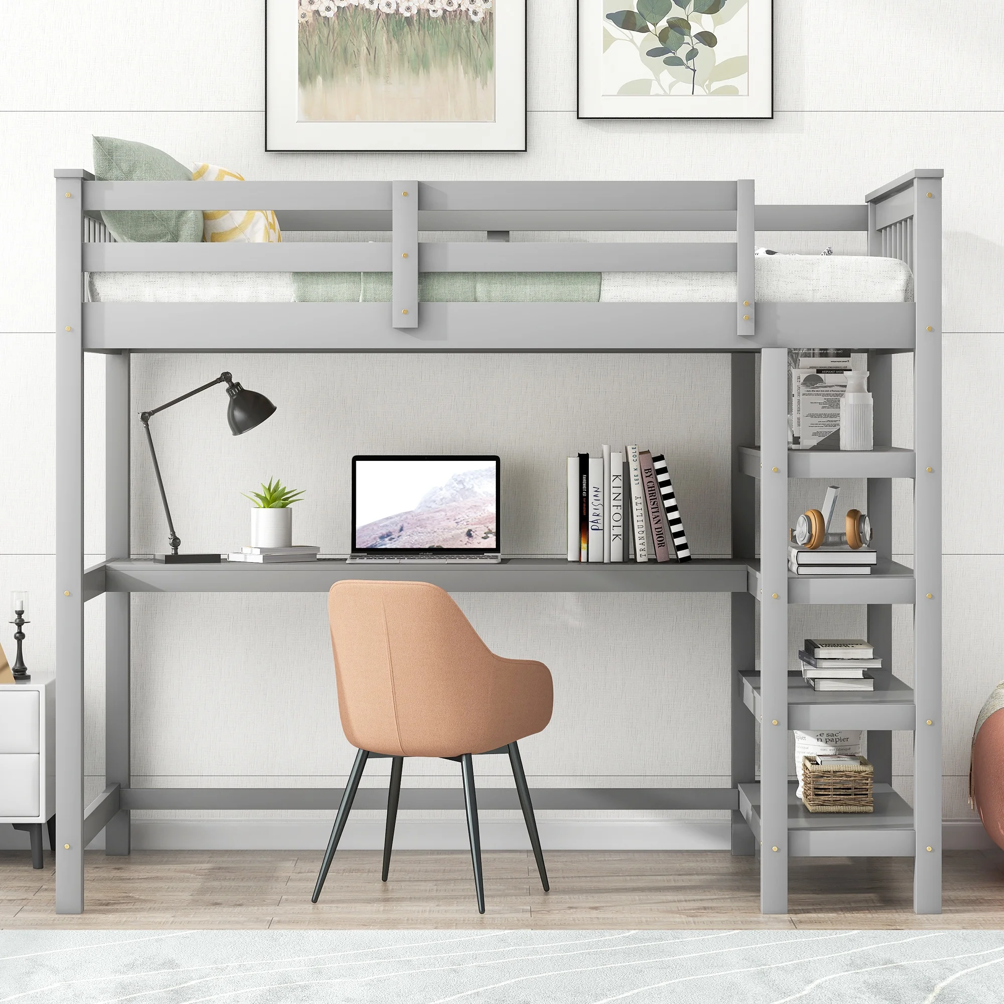 Euroco Twin Size Loft Bed with Built-in Desk and Shelves for Kids Teens Adults, Gray
