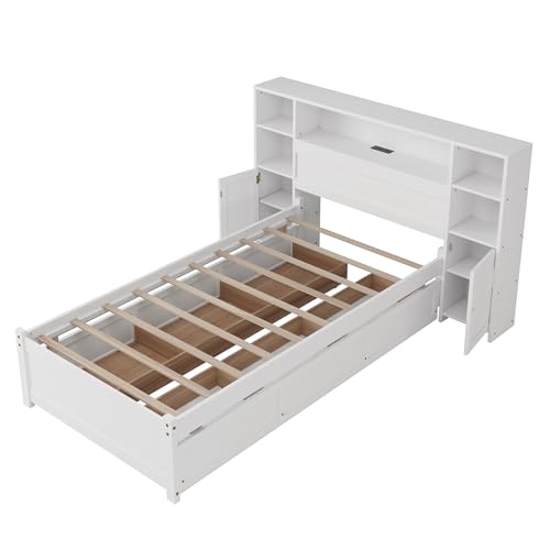 SOFTSEA Twin Size Captains Bed with 6 Storage Drawers and Bookcase Headboard, Wood Twin Storage Platform Bed with USB Ports
