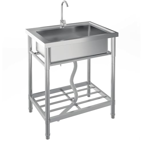 Stainless Steel Free-Standing Utility Sink, Single Bowl Freestanding Laundry Sink with Faucet, Drainboard, Storage