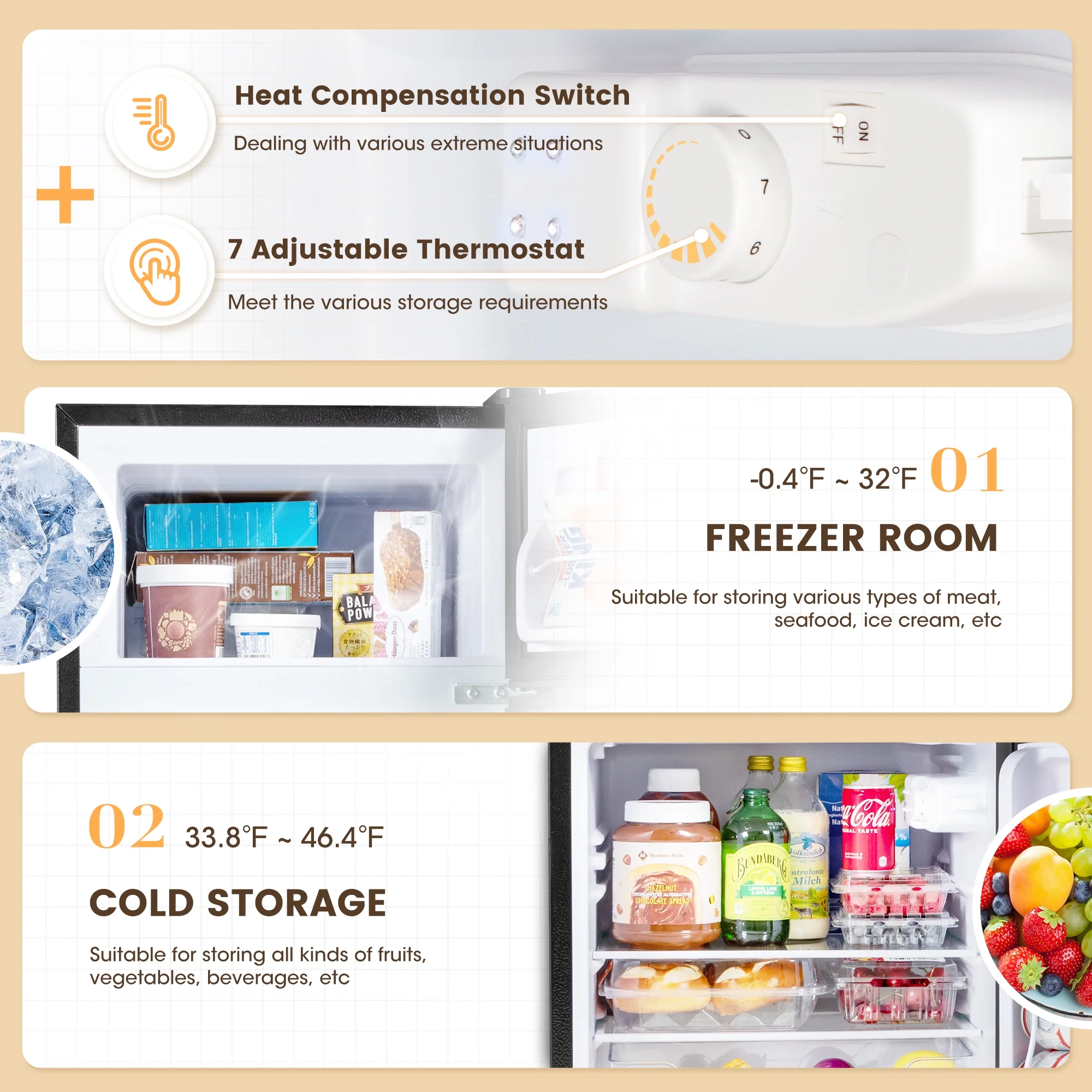 Manastin 3.5 Cu.Ft Mini Fridge with Freezer, Adjustable Thermostat, Low Noise, Removable Glass Shelves, 2 Door Small Refrigerator for Kitchen, Dorm