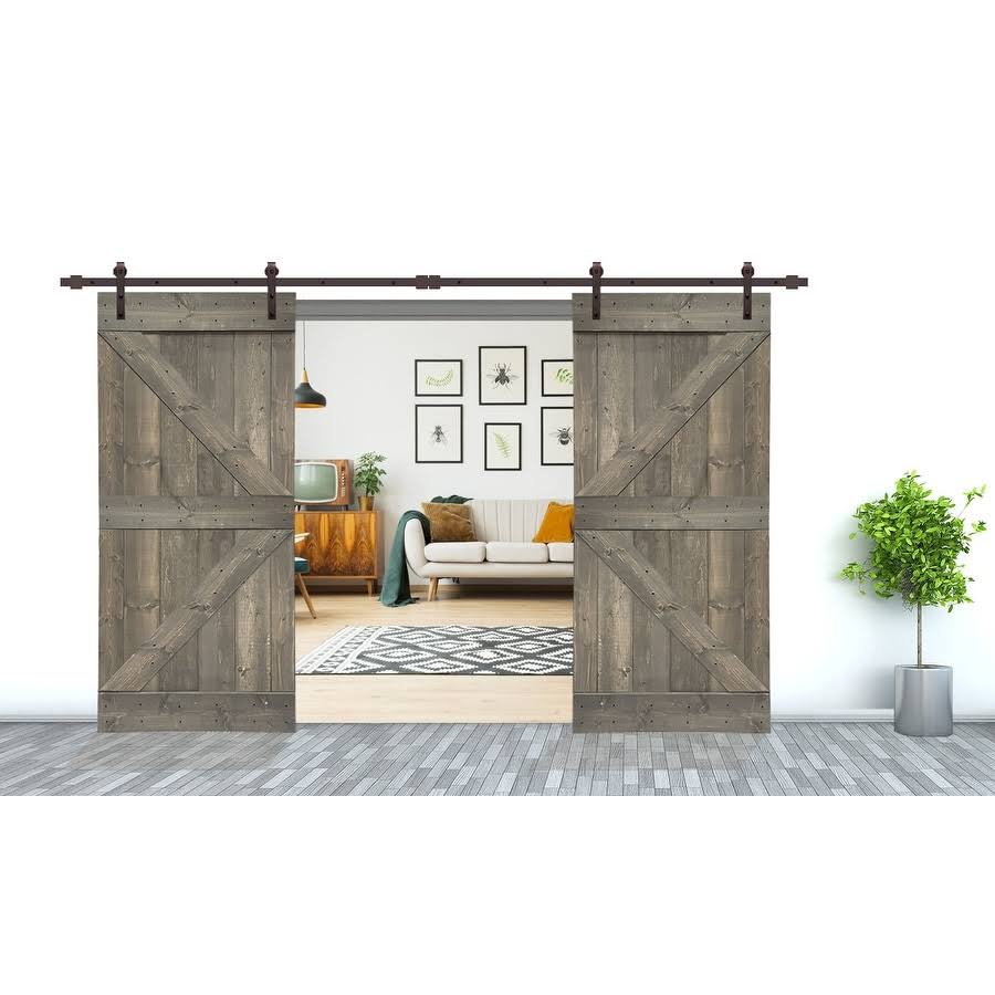 CALHOME Stained K Double DIY Barn Door w/ Hardware Kit - Weather Gray - 76 x 84