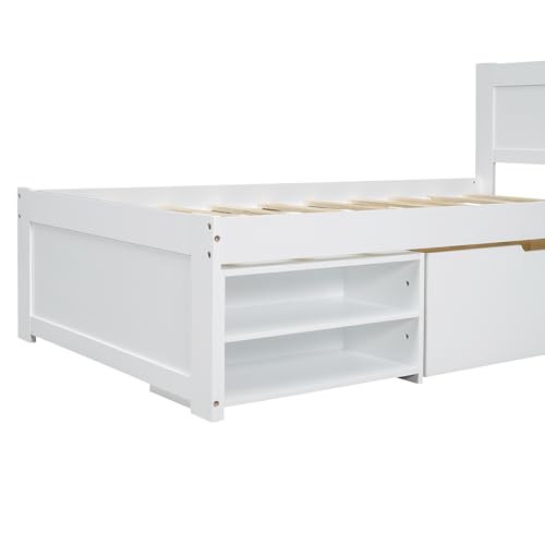 SOFTSEA Full Size Platform Bed with Storage, Platform Bed with Drawers and Bed End Case, Wood Platform Bed Frame with Storage Bookcase Headboard