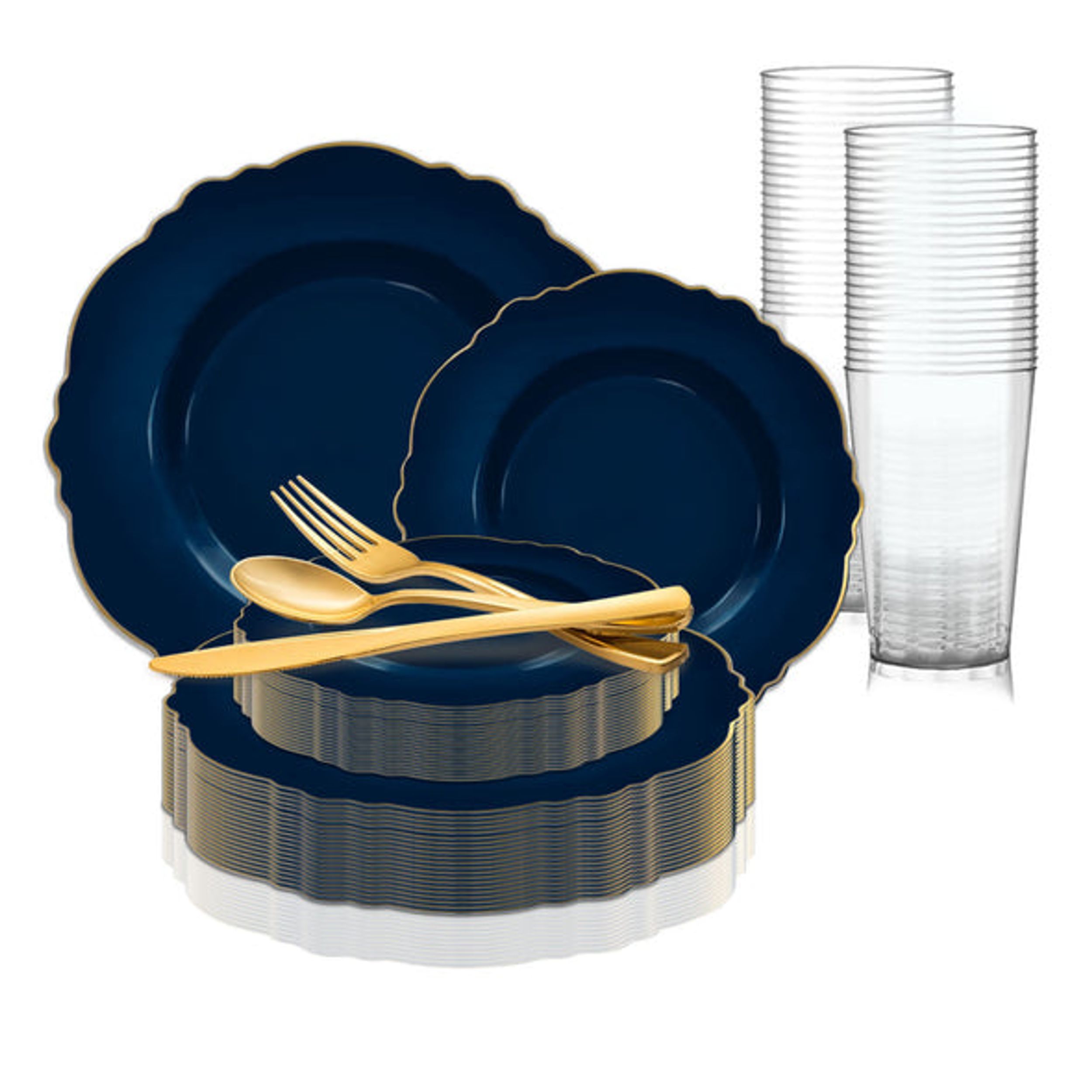 Smarty Navy with Gold Rim Round Blossom Disposable Plastic Wedding Value Set (60 Guests)