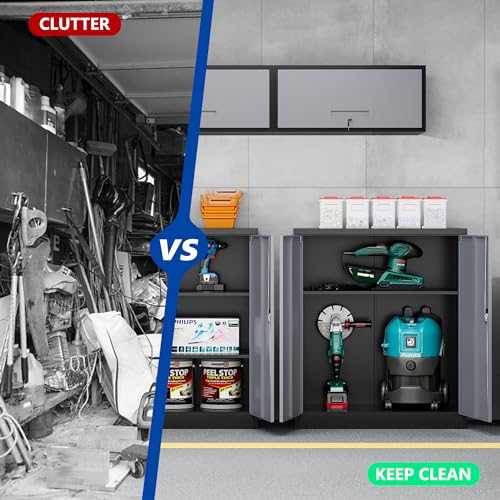 Metal Garage Storage Cabinet with Wheels,Metal Storage Cabinet with Adjustable Shelves,Steel Tool Cabinets with Locking Door for Home, School, Office