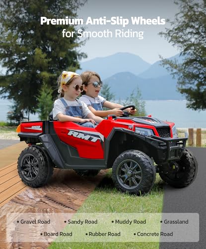 ELEMARA 24V Ride on Toy for Big Kid,Ride on Car 2 Seater w/Sun Shade,Dump Bed & Shovel,4.5MPH,4WD Electric Car for Kids,Battery Car w/Remote