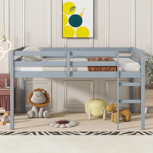 Low Loft Bed Twin Size, Kids Solid Wood Modern Loft Bed Frame with Ladder and Safety Guardrail for Girls Boys, Noise-Free,Non-Toxic Finishes