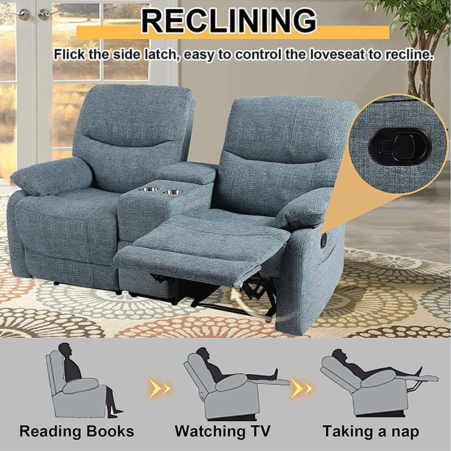 Reclining Sofa, Double Reclining Loveseat with Console, 2 Seater Sofa Home Theater Seating