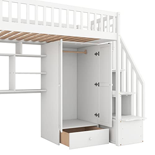 Twin Loft Bed with Staircase, Desk and Wardrobe, Wood Loft Bed with Storage Shelves and Safety Guardrail