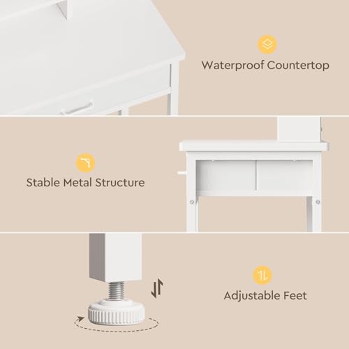 Makeup Vanity Desk with Mirror and Lights, Small Vanity with Fabric Storage Drawer & Chair & Shelves, White Compact Makeup Vanity Set for Bedroom
