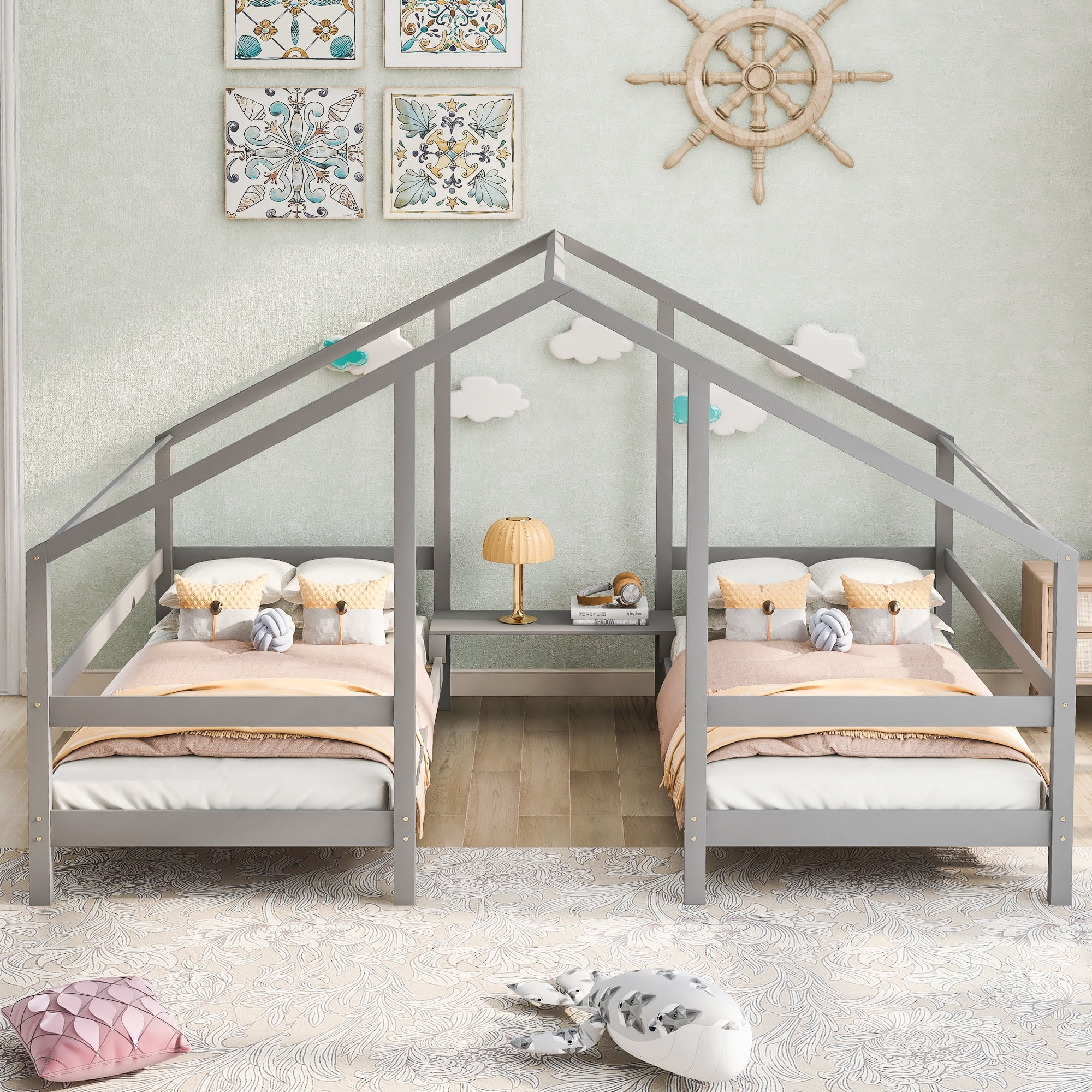 Holaki Double Twin Size Triangular House Beds with Built-in Table.Gray