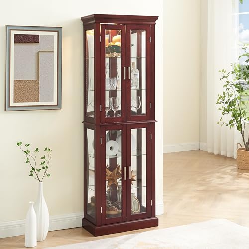 Lighted Display Cabinet,Corner Curio Display Cabinet with Adjustable Shelves & Mirrored Back