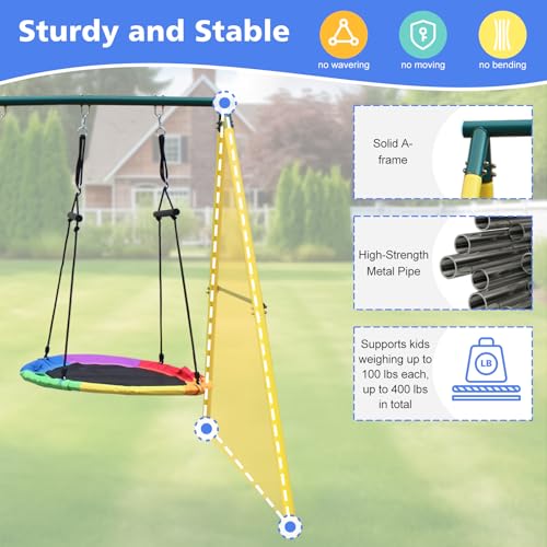 Metal Swing Sets for Backyard for Kids 3-12, 6 in 1 Swing Sets, Heavy-Duty Playground Backyard Set with 2 Swings, Glider, Climbing Ladder and Rope
