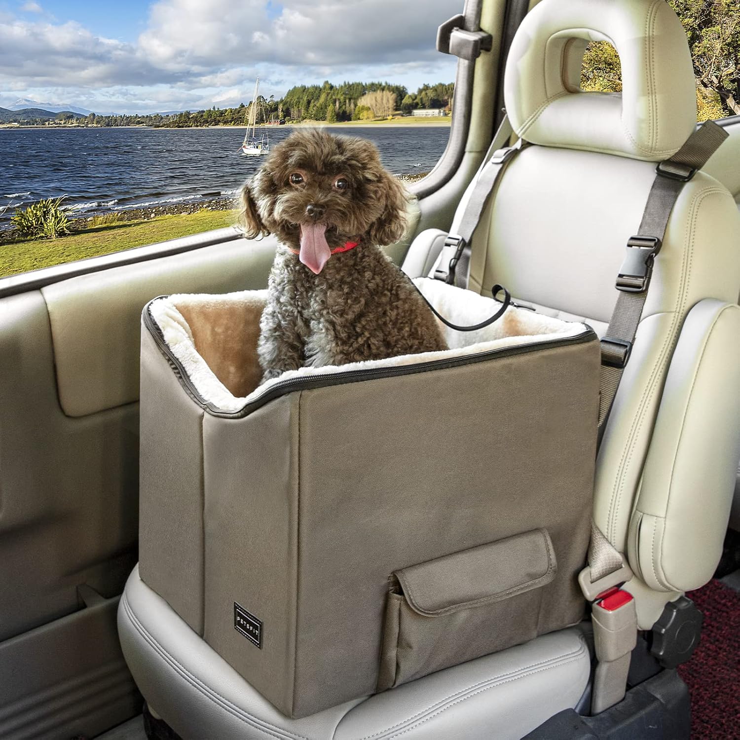 Petsfit Dog Car Seat, Pet Travel Car Booster Seat with Safety Belt, Washable Double-Sided Cushion and Storage Pocket for Large or Medium Dogs, Large