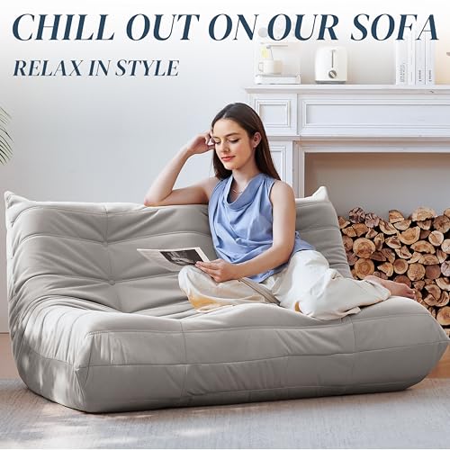 Bean Bag Chair for Adults - Suede & Microfiber Fireside Floor Chair, Comfortable Corner Lounge Sofa for Living Room, Bedroom, Office (3-Seater, Beige)