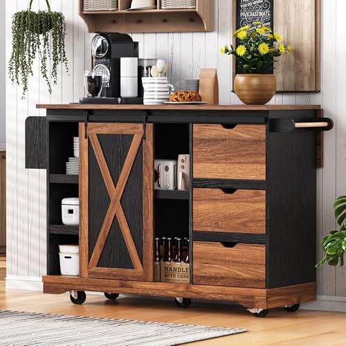 Farmhouse Kitchen Island with Power Outlet, Drop Leaf, Spice Rack and Drawer,Rolling Kitchen Cart on Wheels