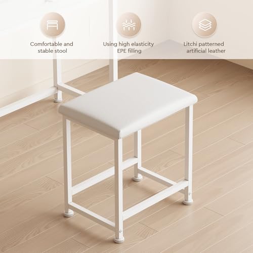 Makeup Vanity Desk with Mirror and Lights, Small Vanity with Fabric Storage Drawer & Chair & Shelves, White Compact Makeup Vanity Set for Bedroom