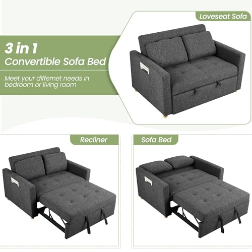 SEJOV 3-in-1 Convertible Sofa Bed, Linen Fabric Sleeper Couch Pull Out Bed, 49" 2-Seater Loveseat Futon Sofa with Spring Support