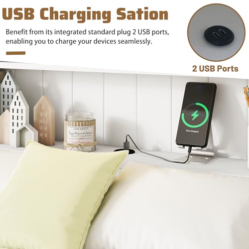 Twin Size Platform Bed with Bookcase Headboard, USB Charging Station and Downlight,Wood Twin Capatain Bed Frames with 2 Storage Drawers