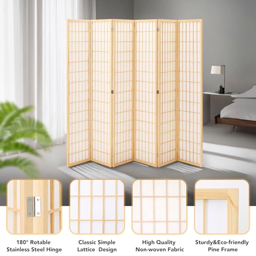 JOSTYLE Room Divider Wall Shoji Screen, 6 Panel Folding Privacy Screen for Room Separation, Japanese Wood Room Divider, 5.9 Ft, Natural