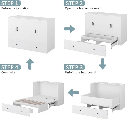 Queen Murphy Bed with Storage & Charging Station, Murphy Cabinet with Foldable Panel, Noisy Free, for Guest Bedroom, Living Room, Office