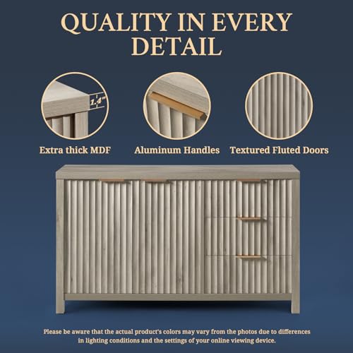 Fluted Sideboard Buffet Cabinet with Storage, 56" Large Buffet Modern Credenza with Adjustable Shelves