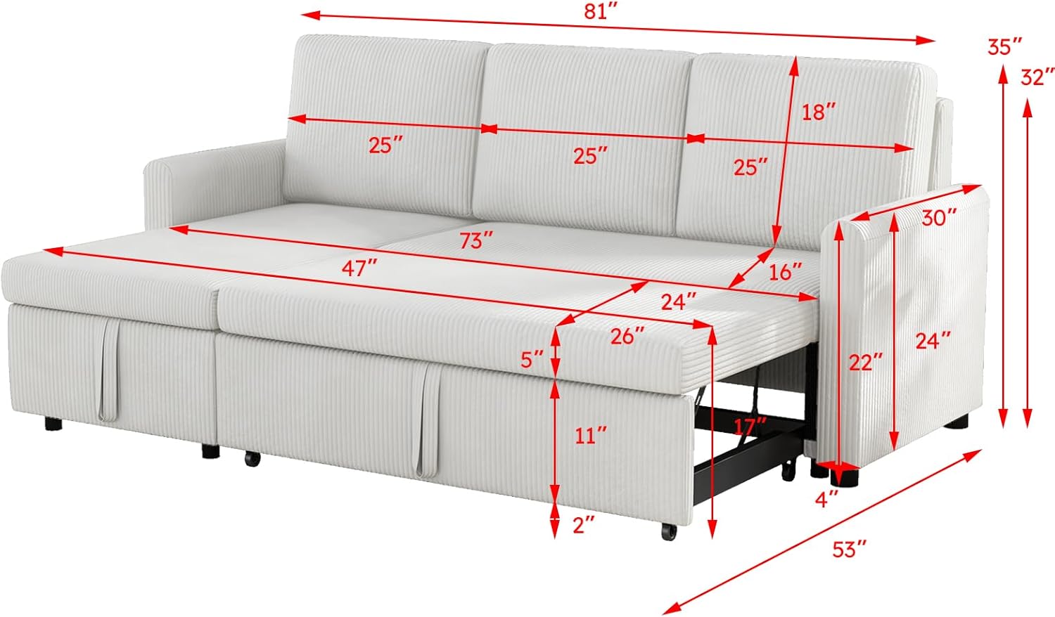Convertible Sleeper Sofa Bed 3 in 1, Soft Corduroy L-Shaped Couches for Living Room