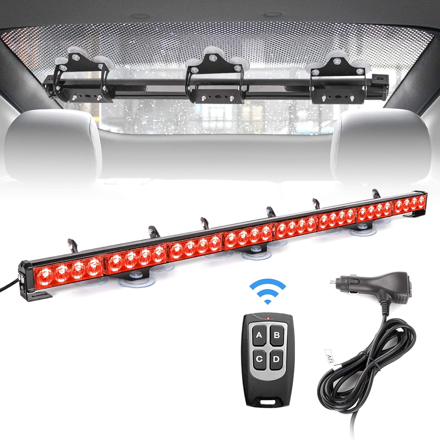 FEELOTAM Amber White Traffic Advisor Emergency Strobe Hazard Warning Light Windshield Safety Lights Bar 35.5 inch 8 Panels for Vehicles with Wireless