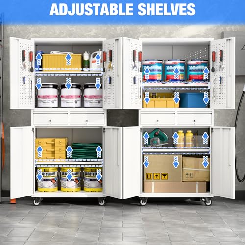 Garage Storage Cabinet with Wheels & Pegboard, 72" H Locking Metal Storage Cabinet with Doors and 4 Adjustable Shelves for Garage Workshop Home