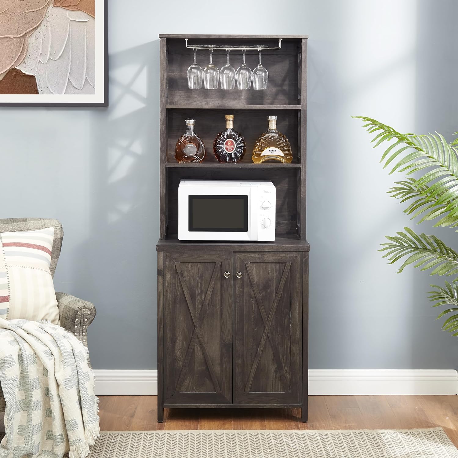 CHARMMA Coffee Bar Cabinet Kitchen Cabinet with Microwave Stand Metal Frame Side Home Source Bar Cabinet Cabinet and Hollow out Barn Design Wood