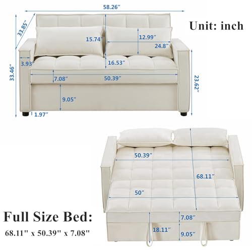 Convertible Sofa Bed, 3 in 1 Velvet Sleeper Loveseat with Pull Out Bed, Adjustable Backrest, 2 Pillows and 2 Foldable Side Table