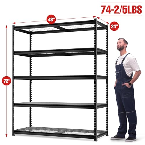 WORKPRO 5-Tier Metal Shelving Unit, 48”W x 24”D x 72”H, Heavy Duty Adjustable Storage Rack, 4000 lbs Load Capacity (Total), for Garage, Basement