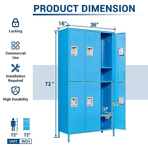 72" Metal Locker for Employees 3 Doors Blue Steel Storage Locker for Office, School, Gym - Metal Storage Cabinets for Home, Office, Gym, School