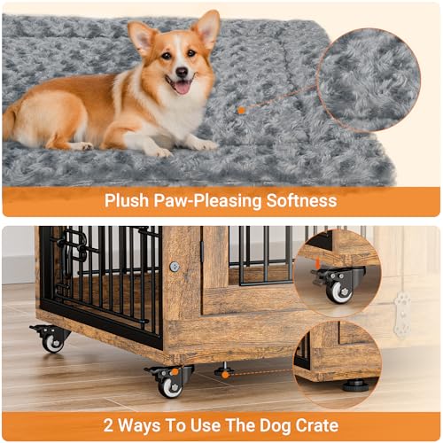 Lulive Dog Crate Furniture for Medium Dogs, 32'' Dog Kennel Indoor with Cushion & Wheels Wooden Dog Cage Double Doors Dog Crate End Table, Grey
