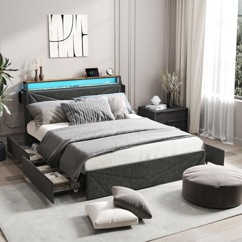 Full Size Bed Frame with Headboard, LED Platform Bed with 4 Storage Drawers, Built in Charging Station, Noise-Free, Metal Support Base