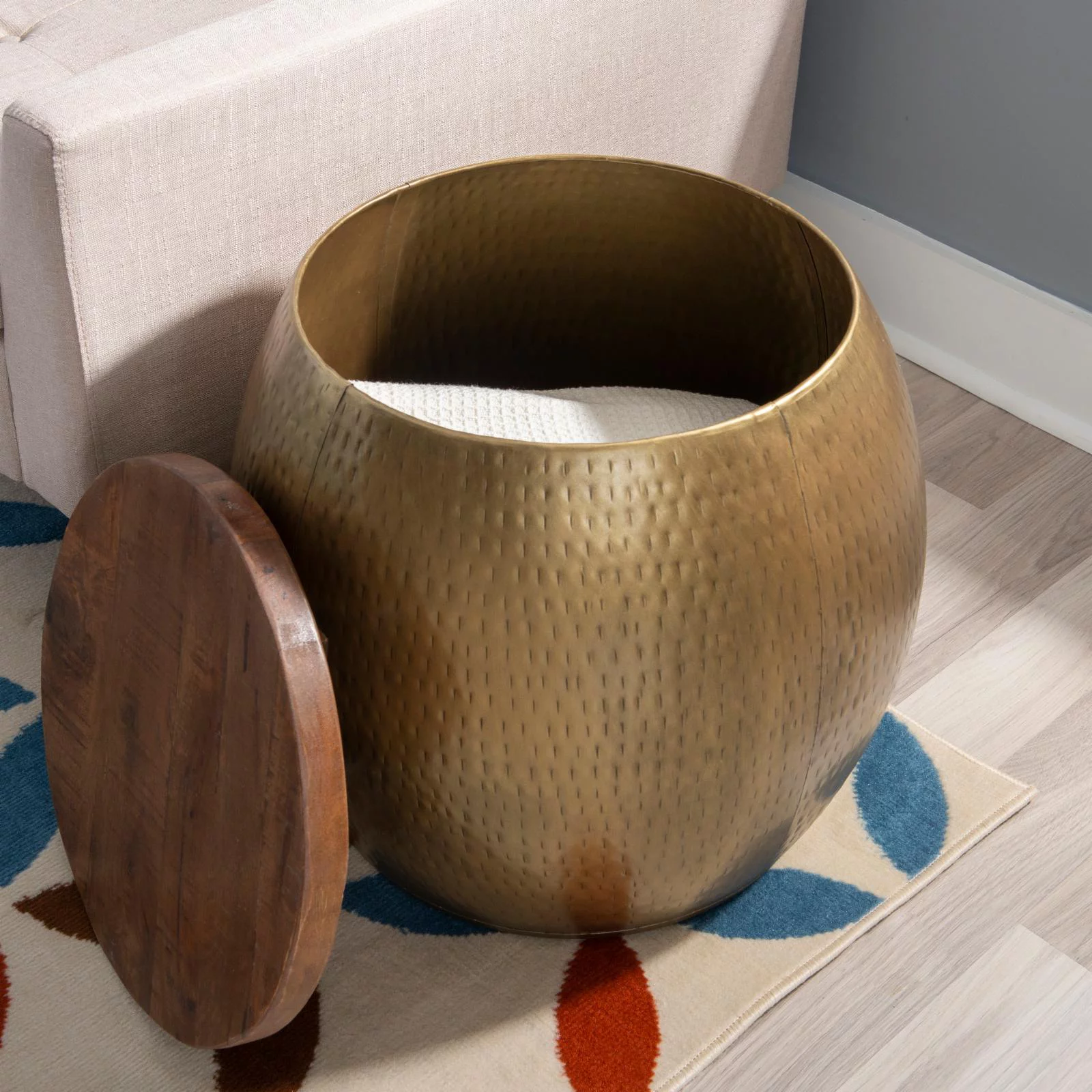 Linon Reid Metal and Wood Drum Side Table with Storage in Gold