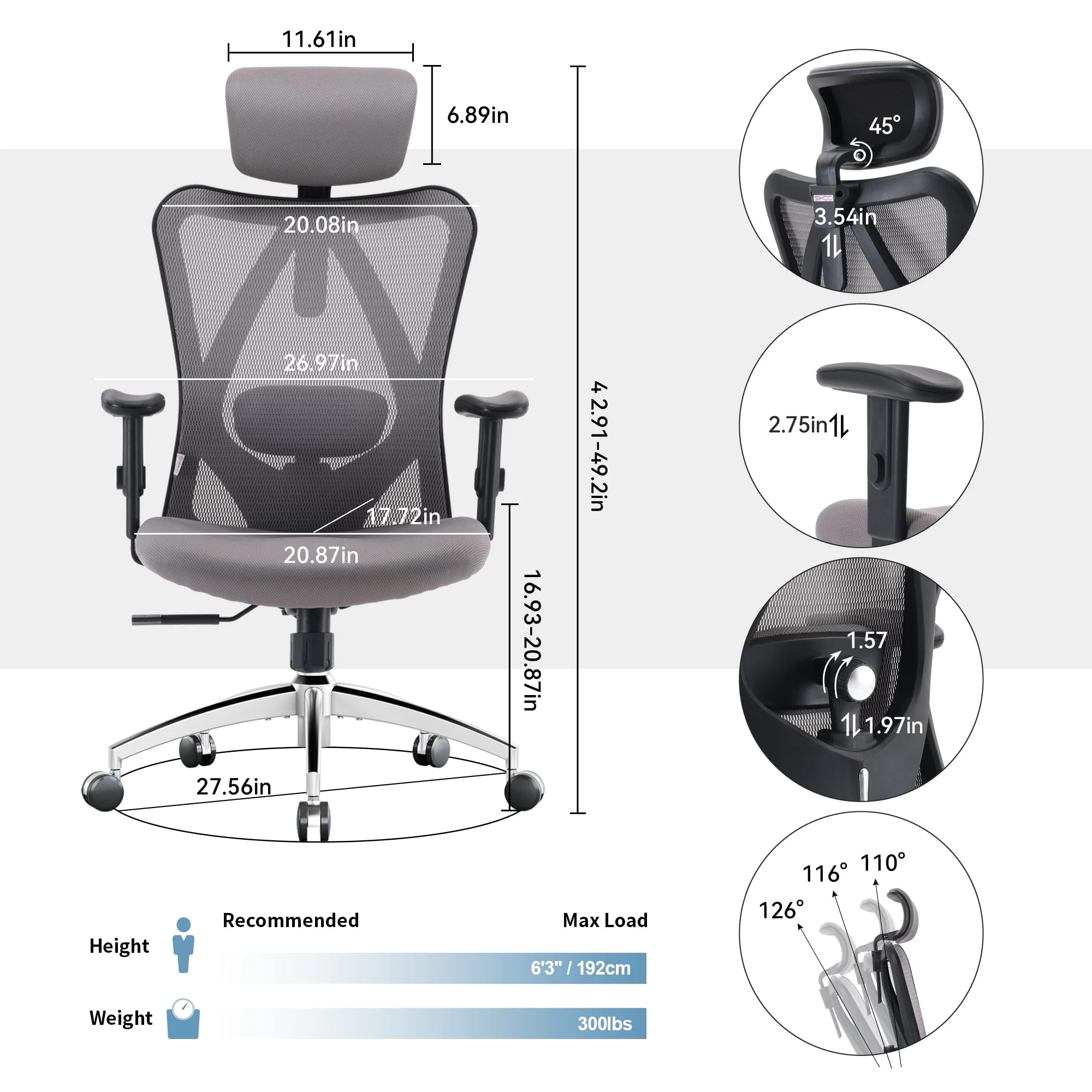 SIHOO Ergonomic Office Chair, Mesh Computer Desk Chair with Adjustable Lumbar Support, High Back chair for big and tall, Black