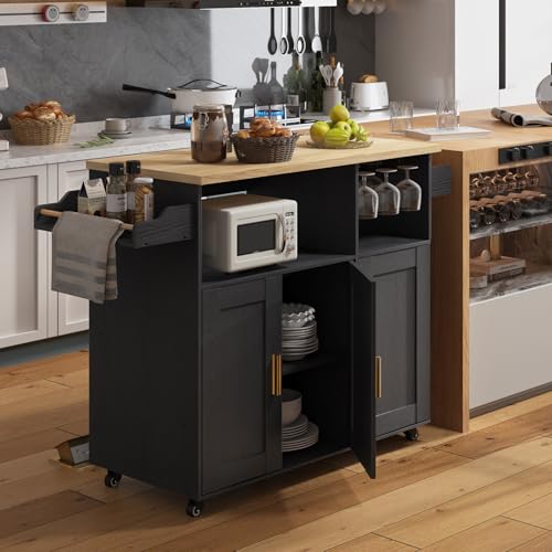 Rolling Mobile Kitchen Island Cart with Desktop Drop Leaf Countertop, Island Table Storage with 5 Wheels