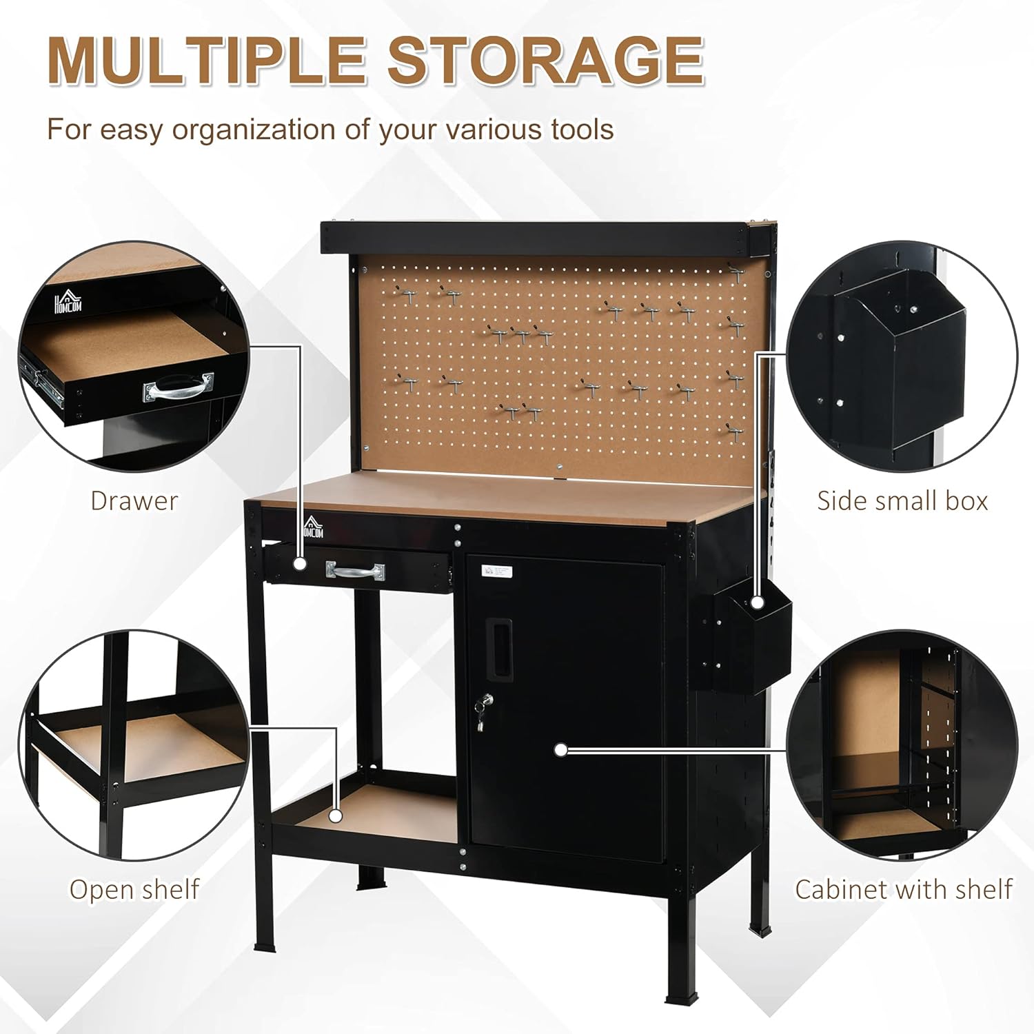 HOMCOM Multipurpose Workbench, Workshop Tool Table with Slide Drawer. Peg Board, Storage Cabinet with Keys