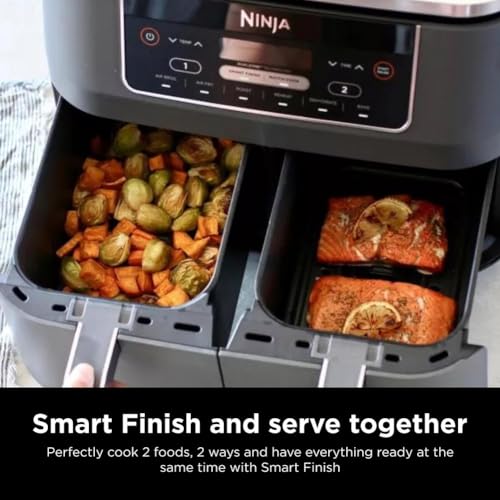 Ninja DZ401 Foodi 10 Quart 6-in-1 DualZone XL 2-Basket Air Fryer with 2 Independent Frying Baskets, Match Cook & Smart Finish to Roast, Broil