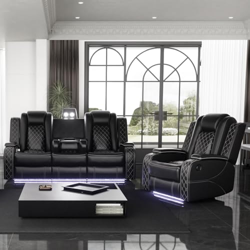 Power Black Leather Recliner Sofa Set with LED Light for Living Room Furniture，Power Reclining Sofa with Drop-Down Table/Double Recliner Loveseat