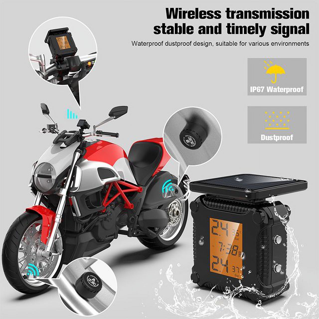 Wireless Tire Pressure Monitoring System (TPMS) for Bicycles and Motorcycles 2-tire Vehicles, Including 2 External Cap sensors
