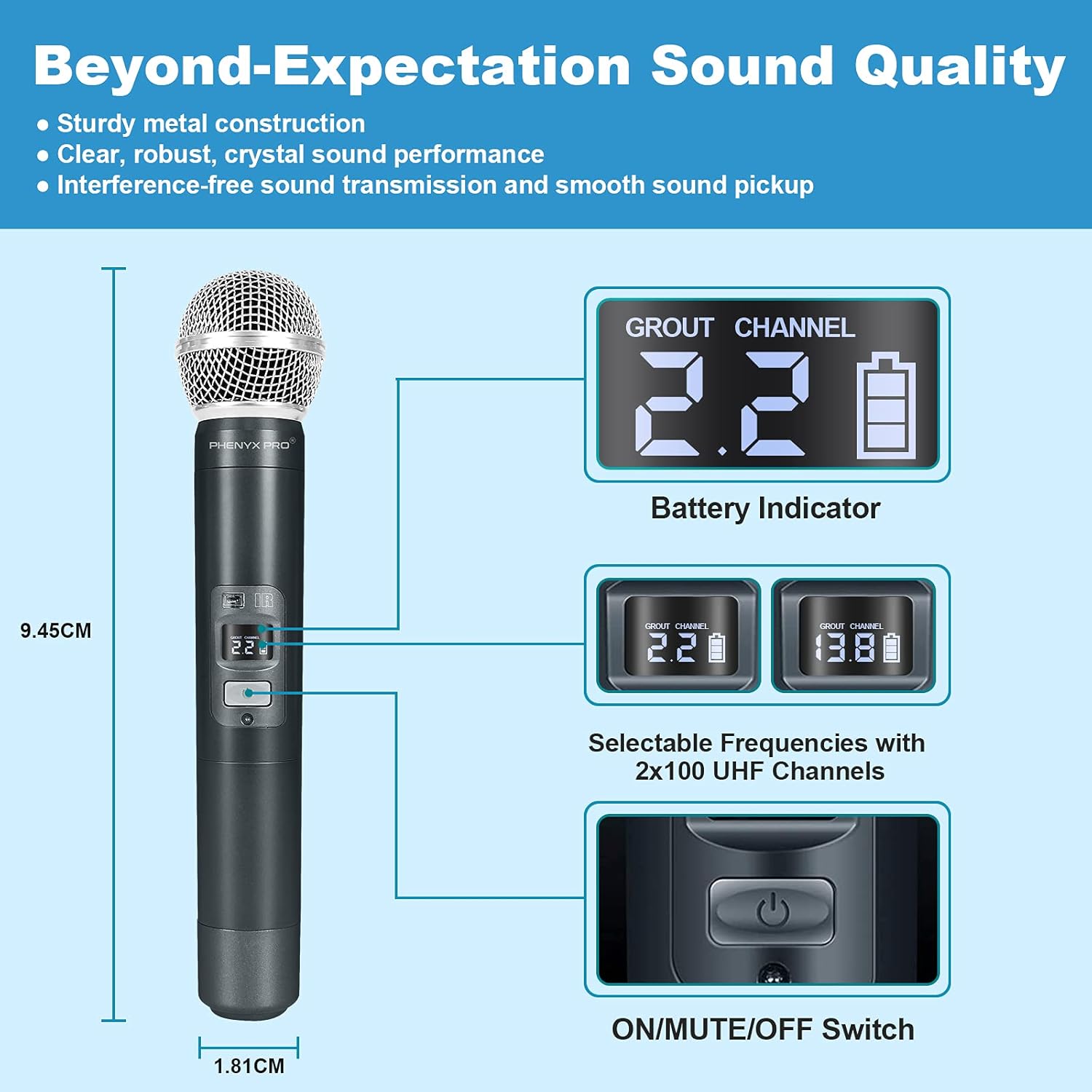 Wireless Microphone System, Phenyx Pro Dual Channel Cordless Mic Set with Handheld/Bodypack/Headset/Lapel, 2x100 Channels, Auto Scan, Lock Function