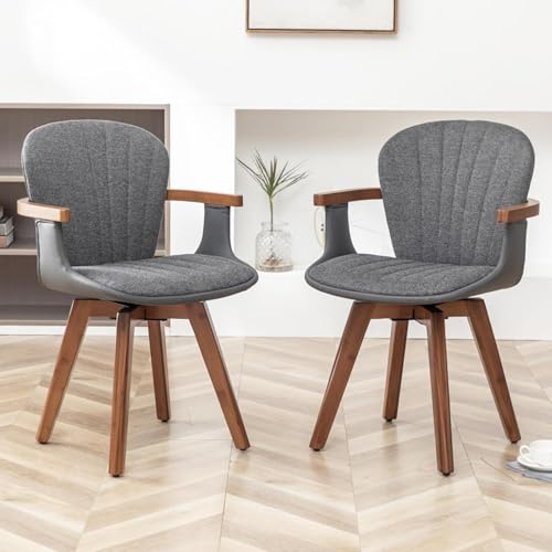 LUNLING Swivel Dining Chairs Set of 2, Mid Century Modern Gray Fabric+Faux Leather Kitchen Chairs with Arms,Bamboo Legs Side Chairs No Wheels